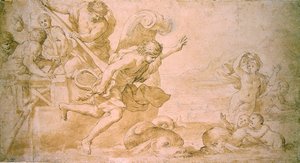 Arion ve Yunuslar (kalem ve kahverengi mürekkep ve kağıt üzerinde yıkama) by Giovanni Francesco Romanelli