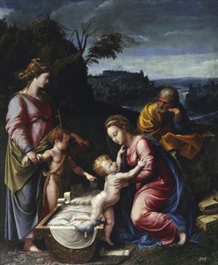 Genç Vaftizci Yahya ve Aziz Catherine par Penni, Gianfrancesco (1496-1528) ile Kutsal Aile. Ahşap üzeri yağlı boya, ebat : 115,5x95, c. 1525, Muzeum Narodowe, Varşova