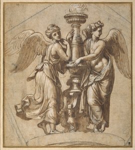 Şamdan kucaklayan zaferler (kalem ve kağıt üzerinde siyah tebeşir ile kahverengi mürekkep) by Giovanni Francesco (c.1488 1528) Penni