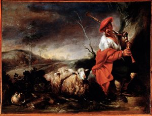 Koyunlarıyla gayda çalan çoban Resim Giovanni Francesco Castiglione (1641 / 42-1716) Genes, Musei di Strada Nuova (eski Palazzo Bianco) by Giovanni Francesco Castiglione