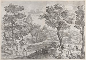 Sağda kağıt oynayan bir grup insan ve solda atlı bir adam, 1626-80.