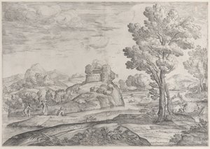 Merkezde yuvarlak bir kayanın üzerinde bir ev, nehirde ve kanodaki insanlar, 1626-80.