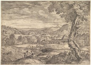 Orta zeminde bir tuğla fabrikası ile manzara, ön planda duran bir adam s..., 1626-80.
