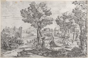 Dehşete kapılmış bir çocuğa yılan tutan bir adamla manzara, modaya uygun bir dre tarafından izleniyor..., 1626-80. by Giovanni Francesco Grimaldi