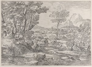 Arka planda bir kasaba olan bir manzarada üç çocuk, 1626-80. by Giovanni Francesco Grimaldi