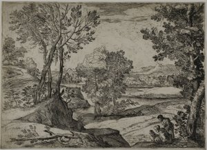 Kadın, Çocuğu ve Peyzajda Duran Bir Adam by Giovanni Francesco Grimaldi