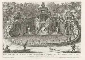 Fontana dell'Aquilone in de Vaticaanse tuinen Papalık Sarayı'ndaki Belvedere bahçesindeki kaya olarak bilinen Çeşme (...) (nesne üzerindeki başlık) Roma saray ve bahçelerindeki çeşmeler (dizi başlığı) Fonteinen in de paleizen en tuinen van Roma (di by Giovanni Francesco Venturini