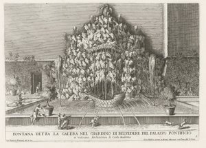 Fontana della Galera in de Vaticaanse tuinen Papalık Sarayı'nın Belvedere bahçesinde kadırga olarak bilinen Çeşme (...) (nesne üzerindeki başlık) Roma saray ve bahçelerindeki çeşmeler (dizi başlığı) Fonteinen in de paleizen en tuinen van Roma ( dizi by Giovanni Francesco Venturini