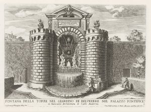 Fontein in de Vaticaanse tuinen Papalık Sarayı'ndaki Belvedere bahçesindeki kule çeşmesi (...) (nesne üzerindeki başlık) Roma saray ve bahçelerindeki çeşmeler (dizi adı) Fonteinen in de paleizen en tuinen van Rome (dizi başlığı) by Giovanni Francesco Venturini