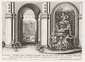 Fontein in een binnenplaats van het Palazzo Doria Pamphilj te Roma Çeşmesi, Palazzo Nuovo del Signor prencipe'nin geniş avlusunda yer almaktadır (...) (nesne üzerindeki başlık) Roma'nın saray ve bahçelerindeki çeşmeler (dizi başlığı) Fonteinen in d by Giovanni Francesco Venturini