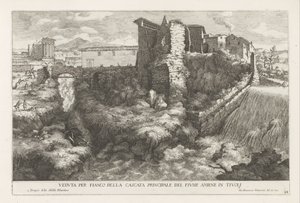 Landschap, waterval en tempel van de Tiburtijnse Sibille t ve Tivoli ile bir araya geldi Tivoli
