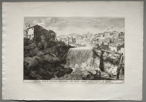 Roma Çeşmeleri, Kitap IV, levha 27: Tivoli Şehrindeki Aniene Nehri'nin Başlıca Çağlayanının Görünümü. by Giovanni Francesco Venturini
