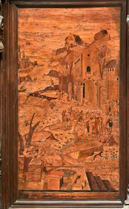 Cenova, Duomo (Aziz Lawrence Katedrali), içeride, apsis, koro, Kuzey tarafı: "Musa sulardan kurtarıldı", Giovanni Francesco Zambelli tarafından ahşap kakma (XVI. yüzyıl) by Giovanni Francesco Zambelli