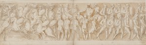 Roma süvarileri (LXV); kopmuş bir kafa (Guerra tarafından mahkum olarak yorumlanır) ve bir Alman mahkum imparatorun (LXVI) önüne getirilir; İlerleyen Romalılar (LXVII) by Giovanni Guerra