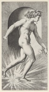 Levha 11: Apollo, bir dizi mitolojik eserden bir niş içinde arabasını sürüyor, sağa bakıyor..., 1526. by Giovanni Jacopo Caraglio