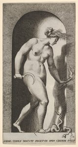 Levha 14: Ceres bir niş içinde, sağa dönük, iki başlı yılanın üzerinde duran ve elinde bir h..., 1526. by Giovanni Jacopo Caraglio
