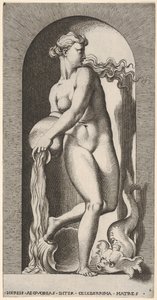 Levha 6: Bir niş içinde deniz kabuğu ve deniz canlısı ile duran Thetis, bir ..., 1526. by Giovanni Jacopo Caraglio