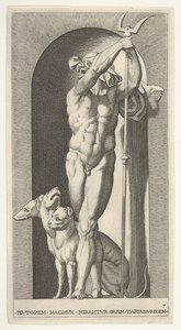 Levha 7: Bir niş içinde Plüton, bir bident tutan, yanında Cerberus ile, bir dizi m..., 1526. by Giovanni Jacopo Caraglio