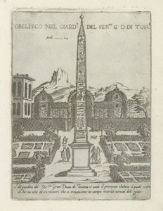 Roma'daki Villa Medici'nin bahçesindeki Mısır dikilitaşı Obelisco nel giard.o del ser.mo GD Di Tosc.a (nesne üzerindeki başlık) Roma'daki modern ve antik anıtlar ve binalar (seri başlığı) Ornamenti di Fabriche antichi et moderni dell' alma 