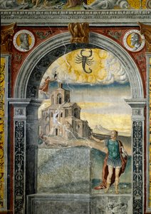 Sign of the Zodiac: “” The Scorpion”” On top medallions with portraits of Emperors Marc Aurele and Lucius Verus. Below, legende associated with the birth of the constellation corresponding to the sign: a warrior with a falcon, looks at a woman bitten by a 