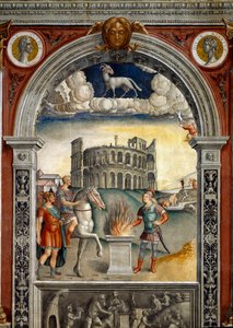 Sign of the Zodiac: “” The belier””” On top medallions with portraits of Jules Cesar and Augustus. Below, legende associated with the birth of the constellation corresponding to the sign: Caius Mucius Scaevola, introduced into the enemy camp of Etruscan ki