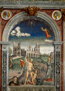 Sign of the zodiac: “” Cancer”” Below, legende associated with the birth of the constellation corresponding to the sign: Hercules killing the Hydra of Lerne in front of the Colisee of Rome. Top medallions with portraits of Emperors Galba and Othon. Fresco 