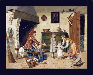 Anne, iki genç kız ve ilk adımlarını atan bir bebekle bir kulübe iç sahnesini gösteren resimli levha, Floransa, c.1900-10 (pietra dura) by Giovanni Montelatici