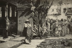 Magdalene, Orta Doğu köyünde sarıklı ve alaylı kadın, Cantagalli kardeşlerin Giovanni Muzzioli (1854-1894) tablosundan gravür, Modena, İtalya, L'Illustrazione Italiana, yıl 21, sayı 49, 9 Aralık