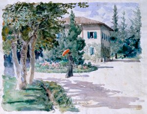 Giovanni Muzzioli (1854-1894) imzalı kırmızı şemsiye, hafif kağıt üzerine sulu boya, 305x392 mm