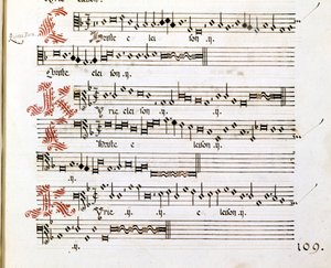 İtalyan besteci Giovanni Pierluigi da Palestrina (1525 - 1594) tarafından yazılan “Messes of Mantua”nın Kyrie el yazması. by Giovanni Pierluigi da (after) Palestrina