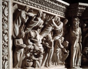 Giovanni Pisano (1248-1314) tarafından gerçekleştirilen Sandalye kabartmalarının detayı: Müjde, ziyaret ve Vaftizci Yahya