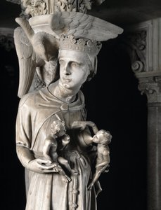 Giovanni Pisano (1248-1314) tarafından gerçekleştirilen Sandalyeyi destekleyen heykel gruplarının detayı: Çocuklarını besleyen kilise (Mermer minberi destekleyen heykellerin detayı, Kilise çocuklarını besliyor) 1302-1311 Cathedrale de Pisa (Duomo di Pis) by Giovanni Pisano