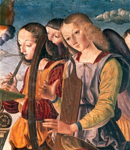 Aletleri olan melekler, bağışçı ve azizlerle taçlandırılmış Madonna ve Çocuk ile Kutsal Sohbet'ten ayrıntılar
