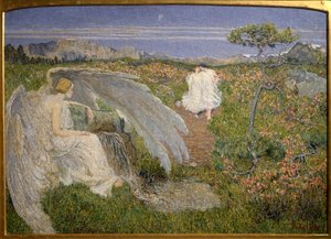 Aşkın Kaynağı Yaşam: Rüya gibi bir manzarada yürüyen bir çifti izleyen bir melek by Giovanni Segantini
