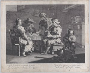 Bir adam boş bir tabak getirirken soldaki bir masanın etrafına oturan üç kişi..., 1760-70. by Giovanni Volpato