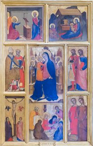 Azizler ve Mesih'in hayatından sahneler ile Meryem Ana ve çocuk