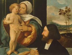 Çocuklu Madonna ve adanmış, Giovanni Cariani tarafından (1485 ve 1490 arasında doğdu - 1547'den sonra öldü)