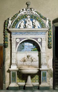 Giovanni della Robbia (1469-1529) 1498 tarafından mermer ve pişmiş topraktan yüksek kabartmalı decoree çeşme 1498. Sacristy of Santa Maria Novella, Floransa