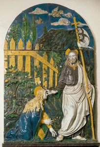 Noli me tangere İsa Mesih, kırmızı bir haç ile vurulmuş beyaz bir bayrak (standart) tutar ve aureole