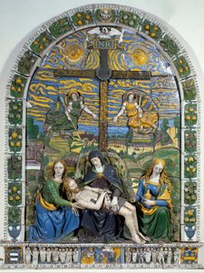 Yazıt INRI (I.N.R.I.) ile haçtan önce Aziz John ve Aziz Mary Magdalene ile çevrili Biriktirme (Pieta) İsa Mesih ve Meryem Ana. Giovanni della Robbia (1469-1529) yapımı alçak kabartma seramik Dim. 3x2.28 m Floransa, Museo Nazionale