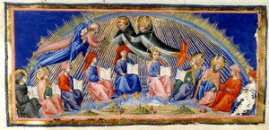 Cennetin Cenneti'nin yanında süzülen Paradiso, Canto X. Beatrice ve Dante, bilgelikleriyle seçkin kişilerle tanışırlar. Onları Aziz Thomas Aquinas ve Albertus Magnus karşılar. Aşağıda oturan on bilgelik temsilcisidir; Bede, Aziz Ambrose, Sev'li Isi by Giovanni di Paolo