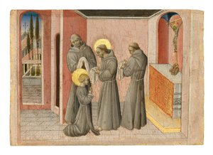 Aziz Clare'in İnvestiture: Aziz Francis'ten Tarikatının kıyafetlerini alan Aziz, c.1389-1482 (panelde tempera ve altın) by Giovanni di Paolo