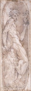 Adam elinde bir elma tutuyor, madalyon içinde oturuyor, c.1547-1553