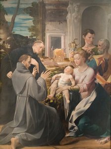Padua Aziz Anthony, Assisi Aziz Francis ve Evangelist Aziz John, Girolamo Mazzola Bedoli ile Kutsal Aile