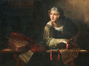 Müzik aletleri ve notalarla alegorik temsil, 17. yüzyılın ikinci yarısı.. by Girolamo Scaglia