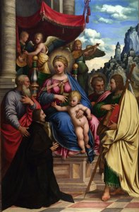 Madonna ve Çocuk ile Melekler, Azizler ve Bir Donör by Girolamo da Treviso the Younger