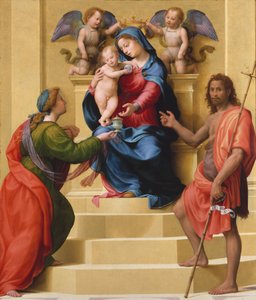 Aziz Mary Magdalen ve Vaftizci Yahya ile Enthroned Madonna ve Çocuk, c.1523 (tahta üzerine yağlı boya)