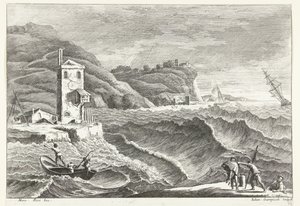 Denizde fırtına ve ateş feneri olan kıyı manzarası İtalyan manzaraları (dizi başlığı) by Giuliano Giampiccoli