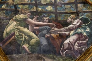 Genç kadınların ve üzümlerin bulunduğu kasanın detayı, Aşk Tanrısı ve Ruh Odası (Sala di Amore e Psiche) by Giulio (and workshop) Romano