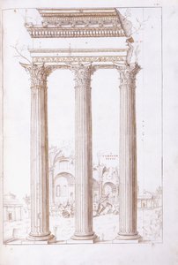 Arka planda Barış Tapınağı ile Castor ve Pollux tapınağının sütunları, c.1550 (siyah tebeşir, tükenmez kalem ve kahverengi mürekkeple orijinal bir çizim) by Giulio (circle of) Romano